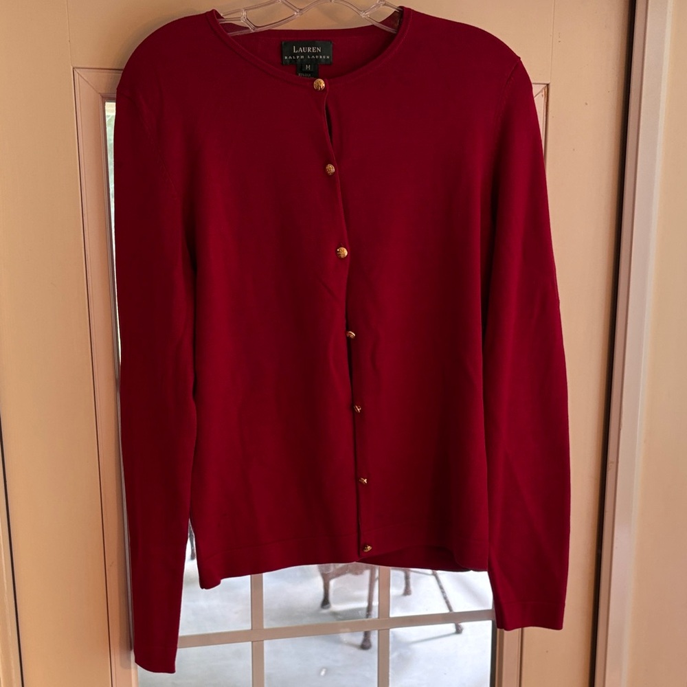 Ralph Lauren Crimson Silk  Sweater with Gold Buttons